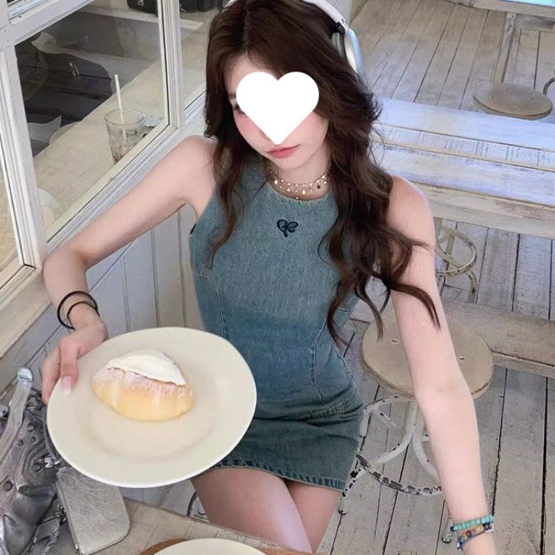 Sleeveless Denim Dress For Women's Summer New Small Round Necked Vest Skirt, Elegant Waist Shortening Short Skirt_mkmklike.com