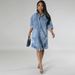 K Large Size Women's New Denim Ripped Tassel Short Sleeved Lapel Dress_mkmklike.com
