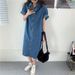 Denim Women's Spring Autumn Deep Blue Shirt Dress, 2025 New Style, Internet Famous Korean Version, Loose Casual Dress_mkmklike.com