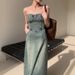 JWUNIQUE Blue Strapless Dress For Women's Summer New Slim Fit Denim A-Line Long Skirt_mkmklike.com