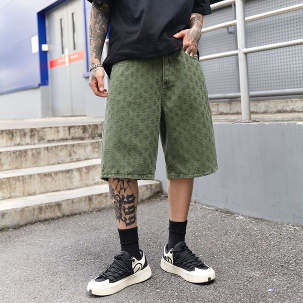 Men's Clothing New Fashion American Ripped Jacquard Denim Shorts Men Summer Loose Straight Washed Five Point Jeans Men_mkmklike.com