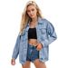 Women's Clothing Oversized Denim Jacket Long Sleeve High Street Casual Coat Loose Fit Mid-Length Blue Cotton Blend_mkmklike.com