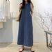 Women's Sleeveless Denim Long Dress Fashionable Round Neck Sleeveless Pocket Denim Skirt Loose Vest Denim Long Dress_mkmklike.com