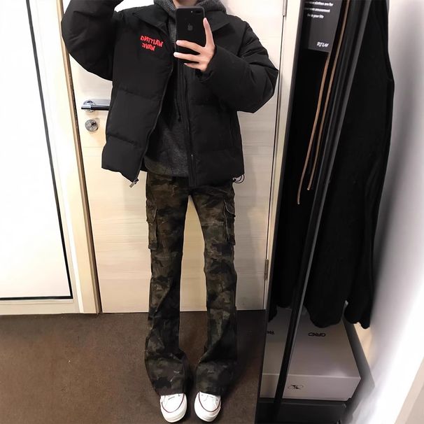 Men's Vintage Camo Flare Cargo Pants - High Street Summer Jeans With Clean Fit & Retro Vibe_mkmklike.com