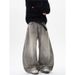 Unisex Retro Style Grey Washed And Distressed Splatter Painted Curved Jeans Loose Fitting American Street Style Pants_mkmklike.com
