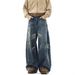 Men's Vintage Washed Distressed Jeans - Relaxed Fit Straight Leg With Whisker Detailing For Casual Streetwear & Clean Aesthetic_mkmklike.com