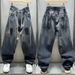 Men's Graffiti Paint-Splatter Denim Pants – Oversized Streetwear Jeans With Drawstring Waist & Relaxed Fit (Black, M-Xxxl)_mkmklike.com