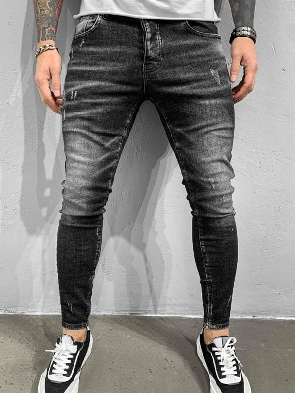 Slim Fit Stretch Denim Jeans For Men - High Street Fashion Black Stretchable Cotton Trousers With Mid-Rise Waist & Zip Fly_mkmklike.com