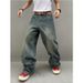 Men's Heavyweight Washed Denim Jeans Baggy Punk Pants With Graffiti & Rips, American Street Hip Hop Style_mkmklike.com