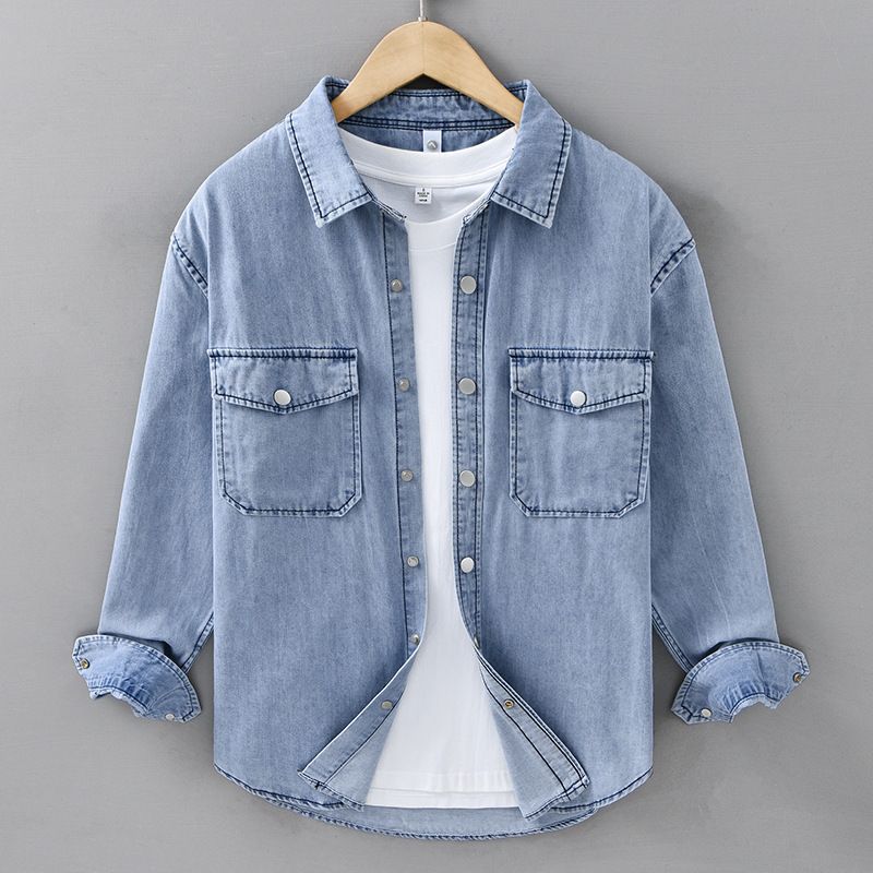Casual Long Sleeved Denim Shirt, Men's Trendy Versatile Retro Workwear Shirt, Men's Outerwear Top_mkmklike.com