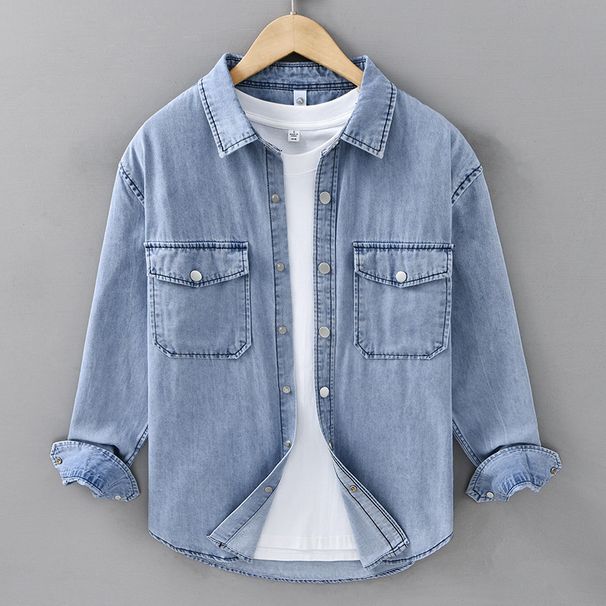 Casual Long Sleeved Denim Shirt, Men's Trendy Versatile Retro Workwear Shirt, Men's Outerwear Top_mkmklike.com