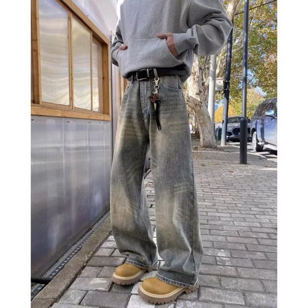 Men's High-Waisted Wide Leg Jeans Distressed Cement Yellow Loose Fit Slimming Straight Leg Pants Retro 2026 Autumn/Winter_mkmklike.com