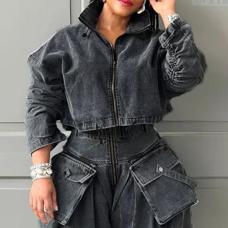 Women's Oversized Utility Denim Jacket – Cropped & Relaxed Fit (Streetwear, High-Waisted, Stretch Cotton Blend, Spring/Summer )_mkmklike.com