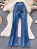 Korean Style Raw Edge High-Waist Split Jeans For Women, Drawstring Flared Trousers, Versatile Hot Girl Denim Pants For Spring & Autumn_mkmklike.com