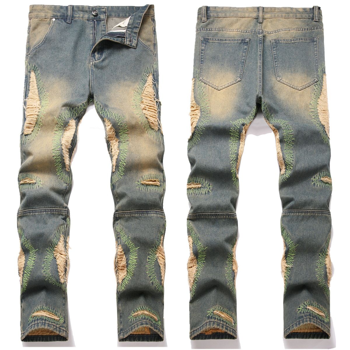 Retro Embroidered Piercing Patchwork Youth Men's Mid Waist Slimming Street Personalized Straight Cowboy Pants_mkmklike.com