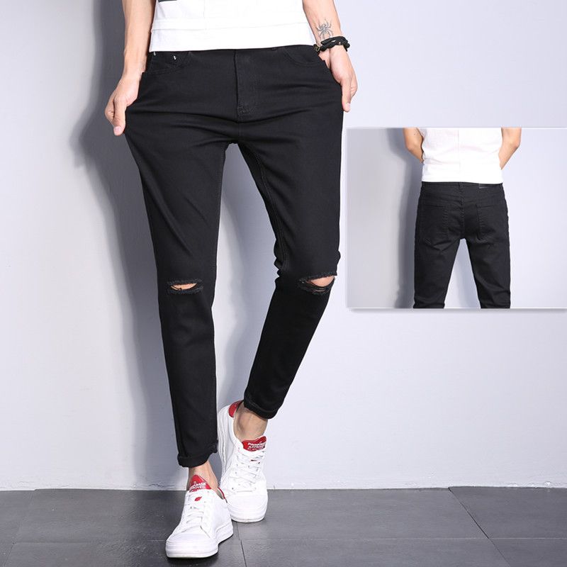 Men's Pure Black Skinny Ripped Jeans Versatile Energetic Distressed Denim For Spring Autumn Teenagers_mkmklike.com