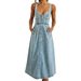 2025 Summer Women's Blue Cowboy Vintage Strap Single Row Button Medium Length Dress_mkmklike.com