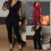 new solid color V neck mesh slim long sleeved jumpsuit trousers large stock_mkmklike.com