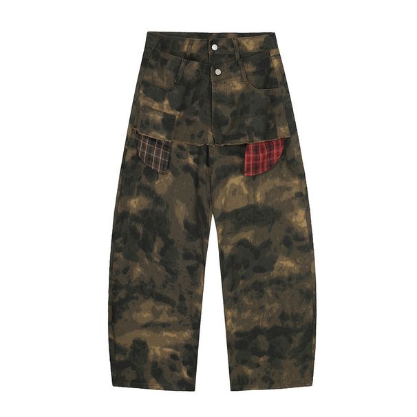 American Style Camouflage Cargo Scimitar For Men, Washed And Distressed, Loose Fit With Patch Decoration, Denim Long_mkmklike.com