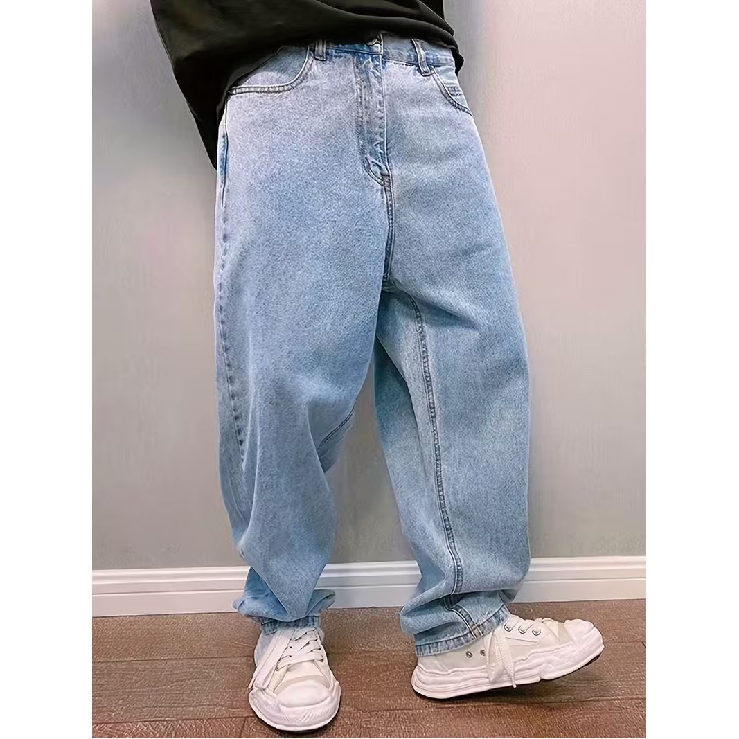Retro Light Blue Wide Leg Dad Jeans For Men Trendy Heavily Washed Slimming Loose Fit Version_mkmklike.com