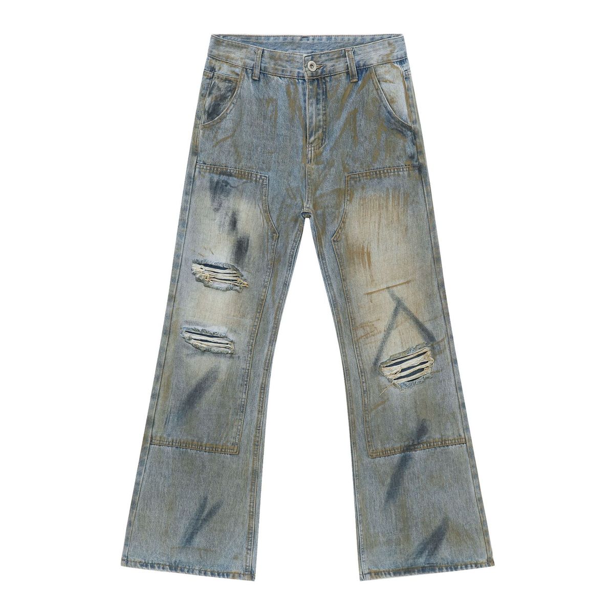 Vintage Washed Distressed Denim Jeans – High Street Loose Straight Fit With Flared Hem & Ripped Details_mkmklike.com