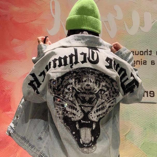 Unisex Premium Streetwear Denim Jacket - Tiger & Leopard Print Heavy Industry Rhinestone Distressed Edgy Jacket For Spring Autumn_mkmklike.com