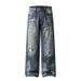 Men's Relaxed Fit Ripped Washed Jeans High Street Style Loose Straight Leg Floor Length Summer Pants_mkmklike.com