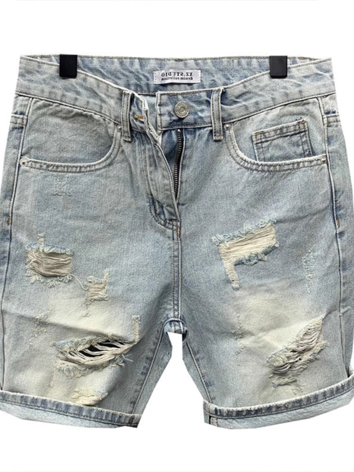 2024 Summer Ripped Denim INS Trendy Brand Personality Side Cat Whiskers Patchwork Five-Point Mid-Length Shorts_mkmklike.com