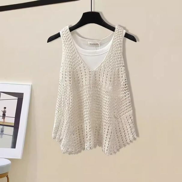 Women's Clothing Summer Outfit With A Complete Set Of Women's New Light Luxury Design Hollow Vest Vest Hole Shorts Three Piece Set_mkmklike.com