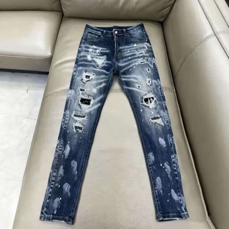 Men's Slim Fit Blue Distressed Jeans – Stylish Ripped & Stitched Denim Pants (Mid-Rise, Straight Leg, Casual & Streetwear)_mkmklike.com