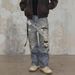 Men's Distressed Straight Leg Jeans 3D Digital Print Ripped And Wrinkled Blue Dirty Street Style American Fit Casual Pants_mkmklike.com