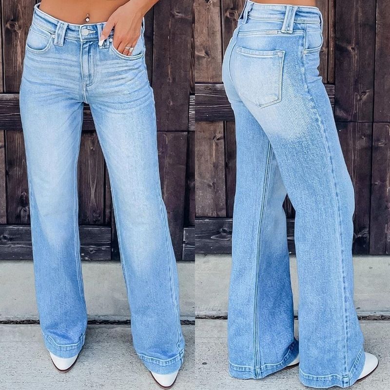 Women's High-Waisted Washed Wide-Leg Jeans – Vintage Stretch-Free Denim Pants For Casual & Office Wear (Blue, 95% Cotton)_mkmklike.com