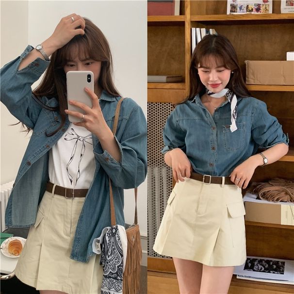 Chicco Real Shot Korean Chic American Retro Casual Sweet Cool Style Versatile Turn-down Collar Button Washed Denim Long Sleeve_mkmklike.com