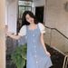 ELLE Square Neck Puff Sleeve Summer Thin Waist Slimming Petite Denim Short Dress_mkmklike.com