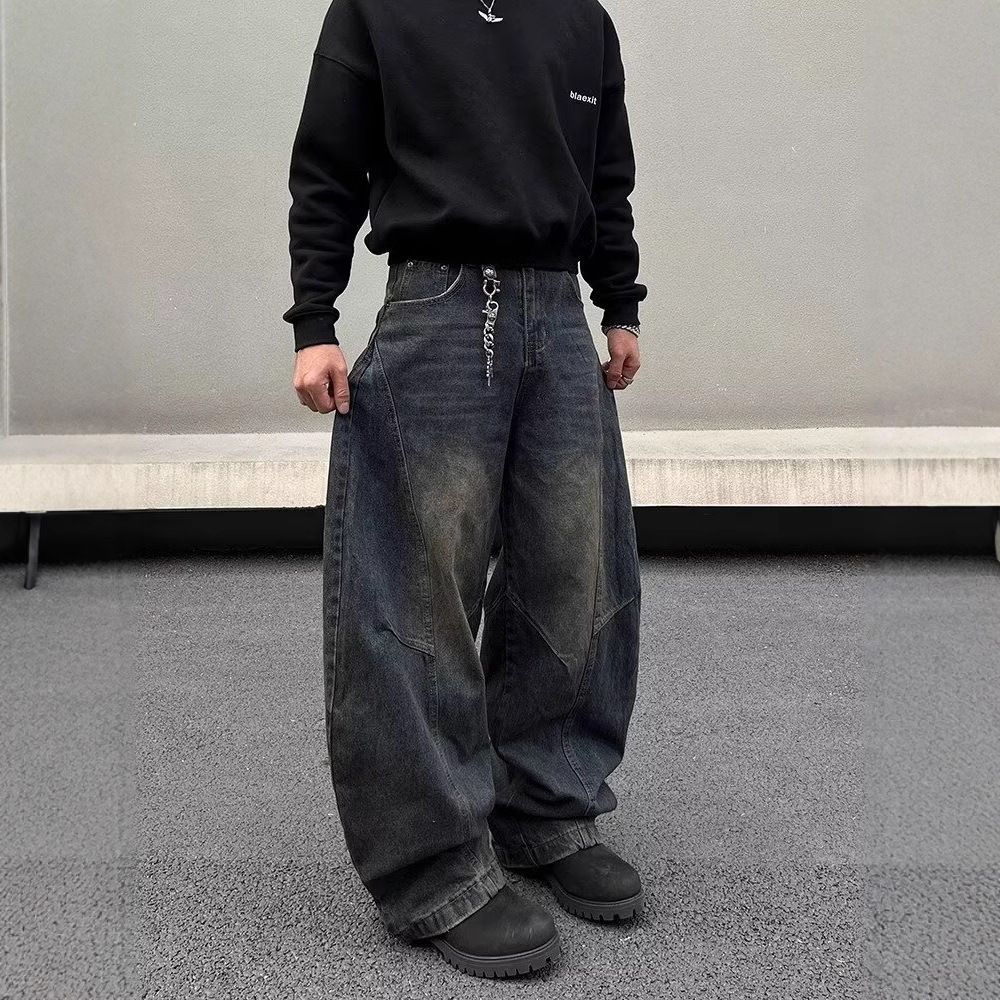 Vintage Washed Distressed Baggy Jeans Loose Fit Straight Leg High Waist Retro Denim Pants Button Fly for Men And Women_mkmklike.com
