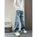Men's Pleated Wide-Leg Jeans, Curved Hem Loose Fit Denim Pants With Layered Design For Casual Streetwear_mkmklike.com