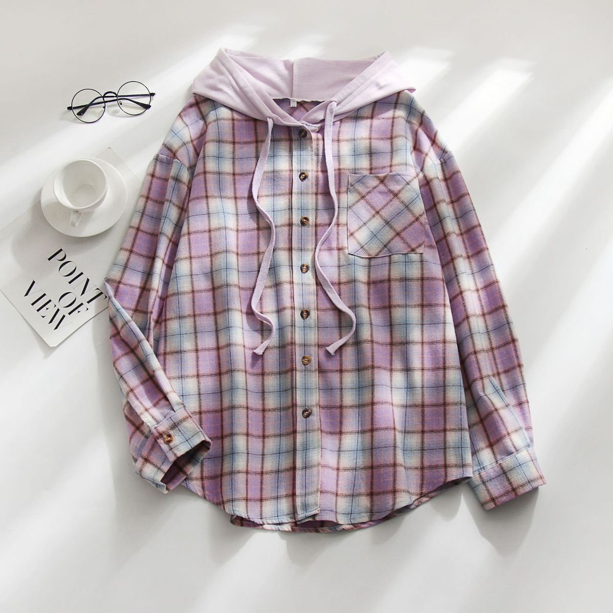 Women's Clothing autumn and winter new hooded sweatshirt buttoned casual shirt jacket_mkmklike.com
