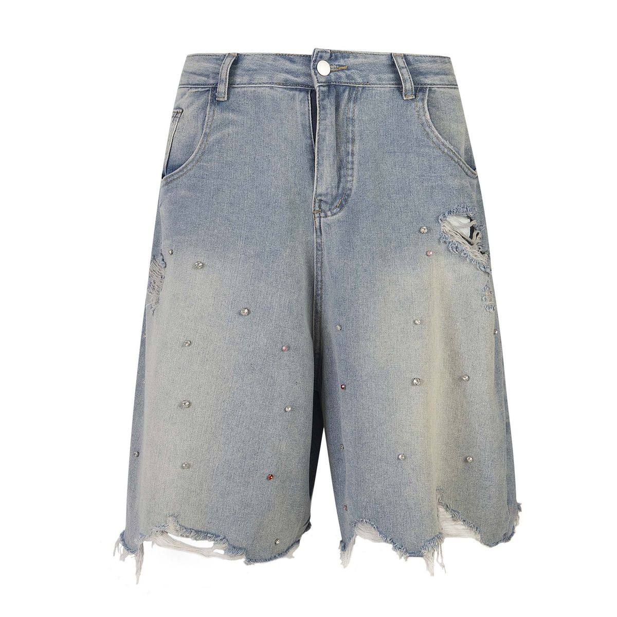 Men's Clothing National Trend High Street Washed Distressed Rhinestone Worn Denim Shorts Unisex Loose Wide Leg Straight Trousers_mkmklike.com