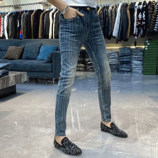 Men's 2025 Autumn Retro Blue Jeans - Slim Fit Stretch Denim Pants With Side Design | Vintage Washed Straight Leg Tapered Ankle Casual Trousers_mkmklike.com