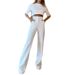 Women's Clothing Set Fashion Round Neck Short Sleeve Top Straight Trousers Solid Color Two-piece Set_mkmklike.com
