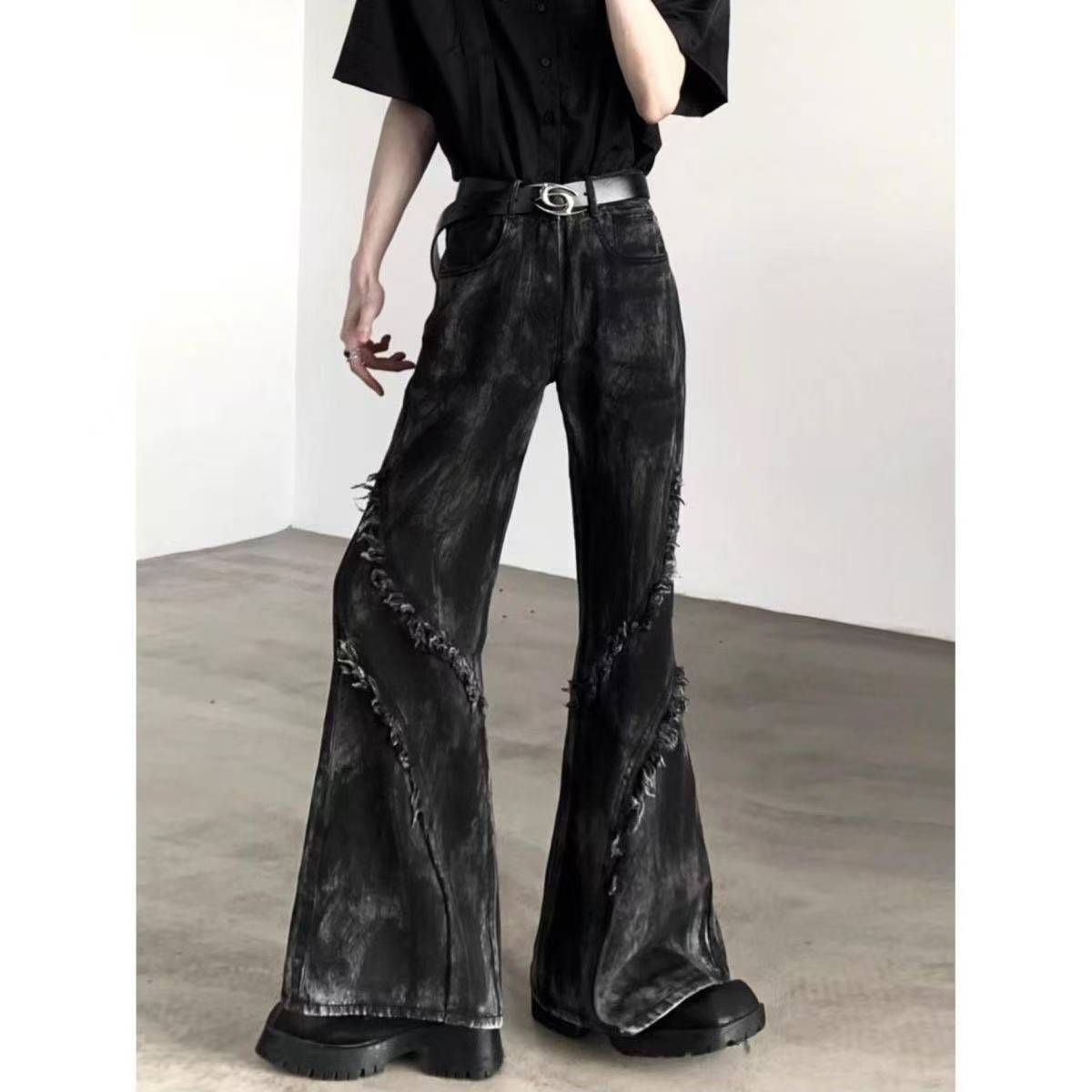 Unisex High-Waisted Slim Fit Flared Jeans Spring/Autumn Style Frayed Hem Flared Horse Hoof Pants_mkmklike.com
