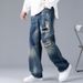 Men's Autumn New Ripped Jeans Patch Loose Straight Wide Leg Trendy Casual Men's Pants_mkmklike.com