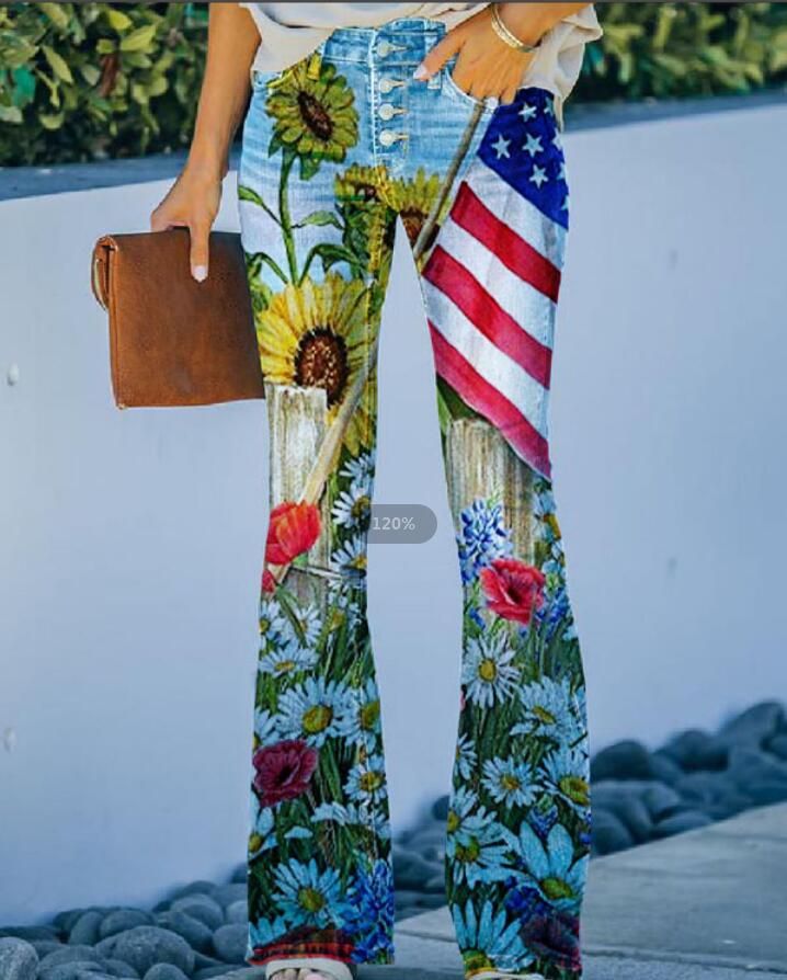 Women's clothing large size women's casual pants art flower pattern pants_mkmklike.com