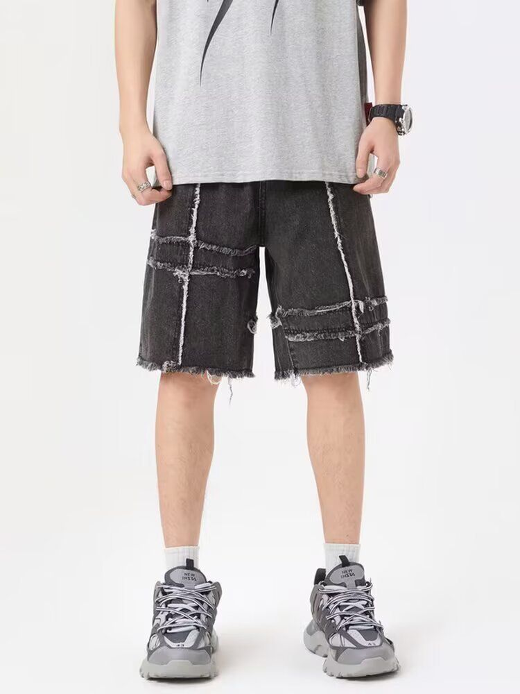 Men's Clothing American High Street Pants Trendy Brand Cool Street Men American Retro Workwear Jeans Raw Edge Stitching Straight Shorts_mkmklike.com