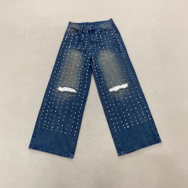 Stylish Rhinestone Embellished Women's Jeans - High Waist Straight Leg Denim Pants For Casual & Party Wear_mkmklike.com
