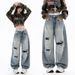 Women's High-Waisted Slimming Ripped Wide Leg Jeans Loose Fitting Floor Length Pants American Style Denim_mkmklike.com