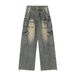 Men's Vintage Washed Distressed Jeans - Streetwear Casual Denim Pants With Multiple Pockets, Mid-Rise, Relaxed Fit, Straight Leg (Black, Blue)_mkmklike.com