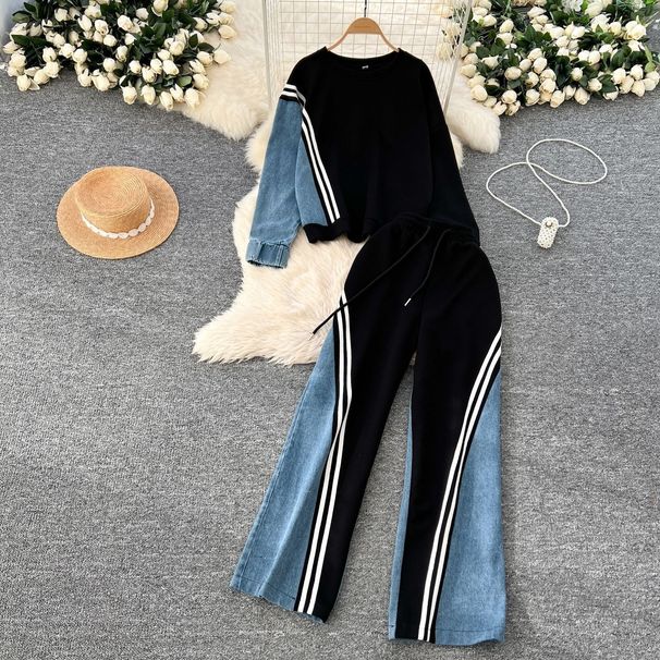 Chicco Casual Sports Suit For Women, Autumn Design, Loose Fit, Versatile Round Neck Sweatshirt, High Waist Denim Patchwork_mkmklike.com