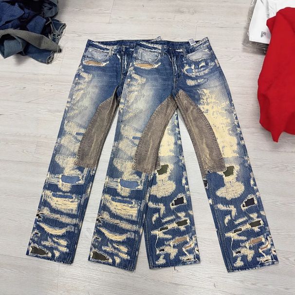 High Street Men's Blue Jeans 3D Printed Applique Stitching Stretch Slim Fit Long Pants_mkmklike.com