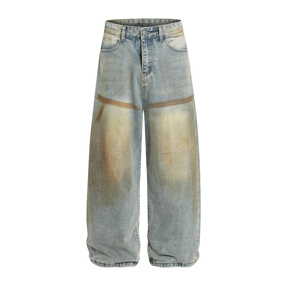 Waste Soil Washed Vintage Dirty Jeans For Men, Niche Loose Wide-Leg Ink-Splattered Faded Straight-Leg Pants, Punk Trend_mkmklike.com